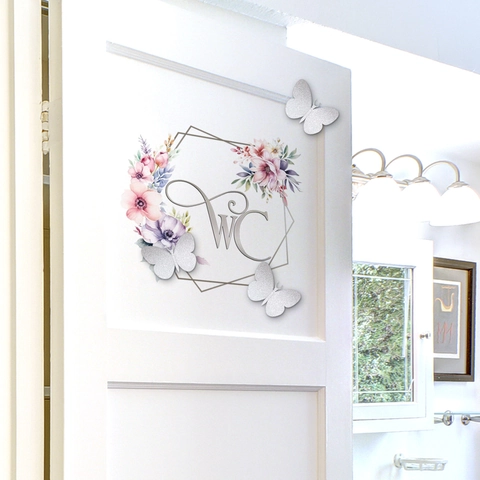 WC Bord Decoratie Floraal Badkamer Toilet Deurstickers Met 3D Zilveren Glitter Vlinders PVC Zelfklevend Muurstickers