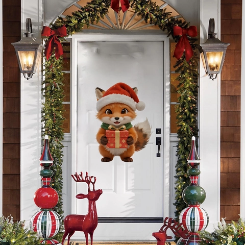 Christmas Wall Stickers Cartoon Animal Fox Owl Reindeer PVC Waterproof Decals For Home Holiday Decor Self-Adhesive
