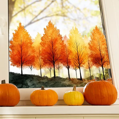 Pegatinas Ventana Bosque Otoño Estáticas Árbol Colorido Calcomanías Cristal Sin Pegamento Decoración Hogar Doble Cara