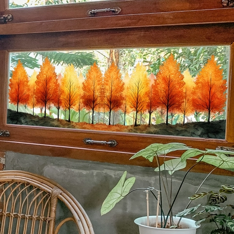 Pegatinas Ventana Bosque Otoño Estáticas Árbol Colorido Calcomanías Cristal Sin Pegamento Decoración Hogar Doble Cara