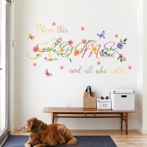 Adesivo da Parete Acquerello Fiori Farfalle Citazione Bless This Home Removibile Autoadesivo PVC per Soggiorno Camera