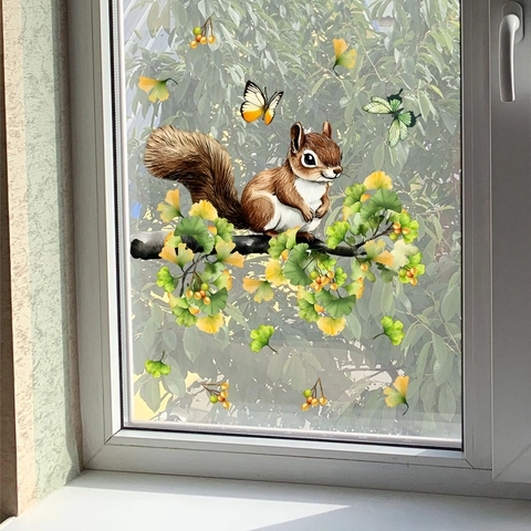 Autumn Window Clings Static PVC Sticker Squirrel Maple Leaf Pumpkin Cat Removable Double Sided Glass Decor Home