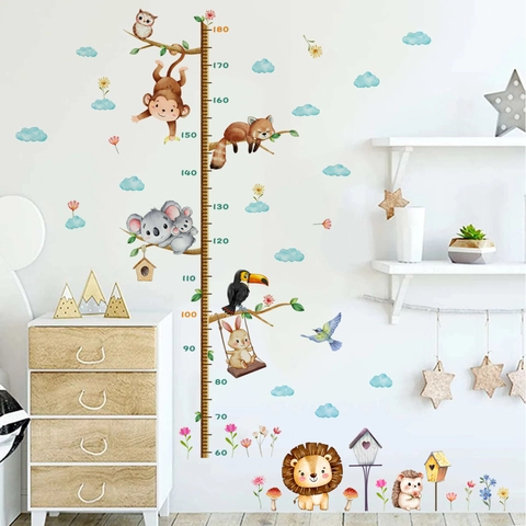 Sticker Mural Tableau De Croissance Animaux De La Forêt PVC Auto-Adhésif Mesure De Taille Pour Chambre D'Enfant