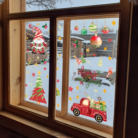 Christmas Window Clings PVC Stickers Festive Gnome Red Truck Double Sided Decals Holiday Glass Decorations Home