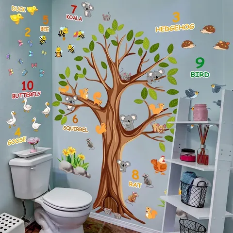 Big Tree And Animals Cartoon Wall Stickers PVC Educational Numbers Kids Nursery Bedroom Decor Removable Decals