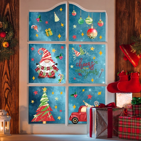 Christmas Window Clings PVC Stickers Festive Gnome Red Truck Double Sided Decals Holiday Glass Decorations Home