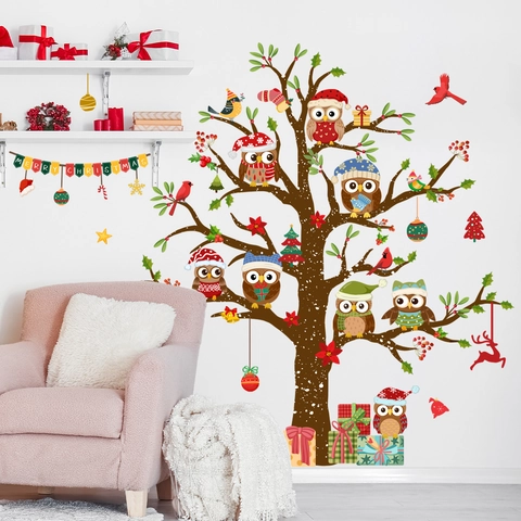 Christmas Owl Tree Wall Stickers PVC Removable Merry Christmas Decals For Living Room Bedroom Nursery Kids Home Decor