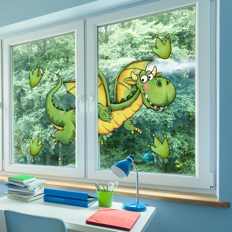 Pegatina De Ventana Huellas De Dragón Volador Dibujos Animados Estática PVC Impermeable Doble Cara Decoración Cuarto Niños