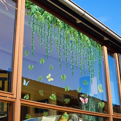 Tropische Grüne Blätter Ranke Schmetterling Fensterbilder Monstera Statische Aufkleber Doppelseitig PVC Wasserdicht Haus Deko Für Glasfenster Dekoration