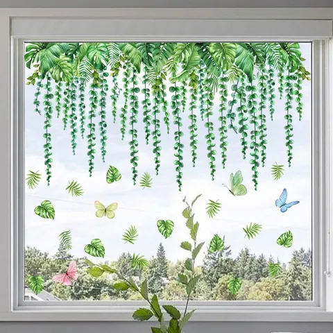 Tropische Grüne Blätter Ranke Schmetterling Fensterbilder Monstera Statische Aufkleber Doppelseitig PVC Wasserdicht Haus Deko Für Glasfenster Dekoration