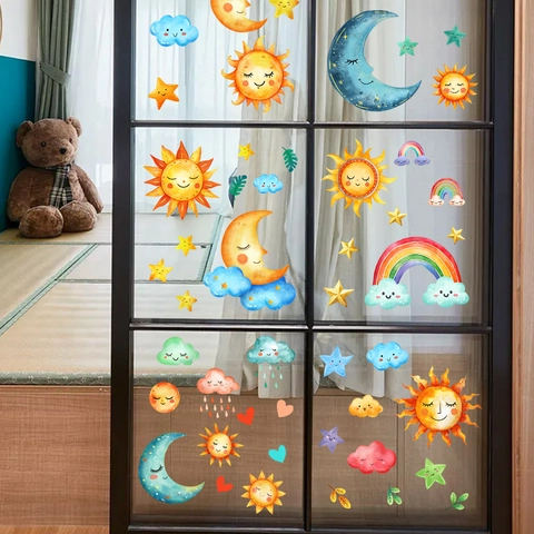 Cartoon Sun Moon Stars Window Stickers PVC Static Cling Wall Decals For Kids Room Nursery Decor Double Sided Colorful