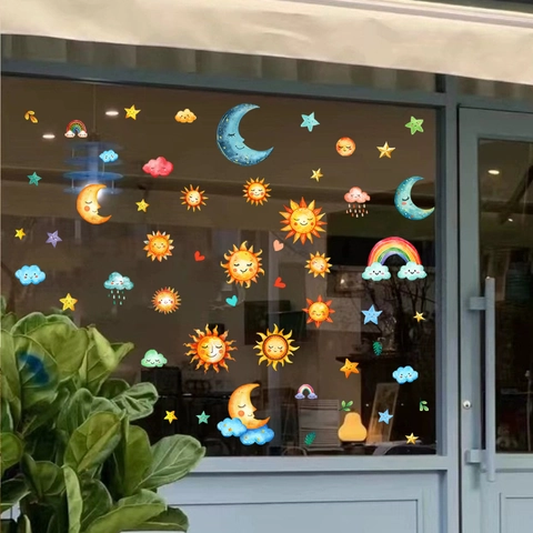 Cartoon Sun Moon Stars Window Stickers PVC Static Cling Wall Decals For Kids Room Nursery Decor Double Sided Colorful