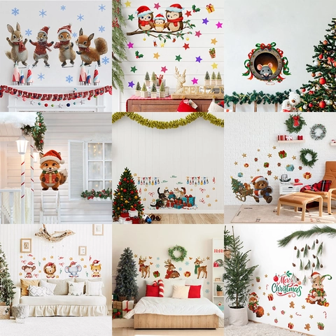 Christmas Wall Stickers Cartoon Animal Fox Owl Reindeer PVC Waterproof Decals For Home Holiday Decor Self-Adhesive
