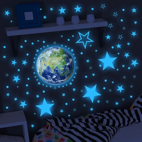 Glow In The Dark Wall Stickers Earth Stars Dots Luminous Ceiling Decals For Kids Room Bedroom Home Decor Removable PVC Fluorescent Murals
