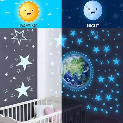 Lichtgevende Muurstickers Aarde Maan Sterren Fluorescerend PVC Zelfklevende Decoratieve Stickers