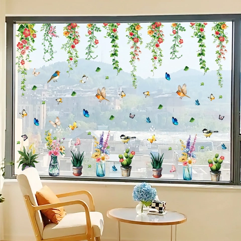Bloemenrank Raamstickers PVC Waterdicht Statisch Decoratieve Vogel Vlinder Planten Decals Voor Glas Home Decor
