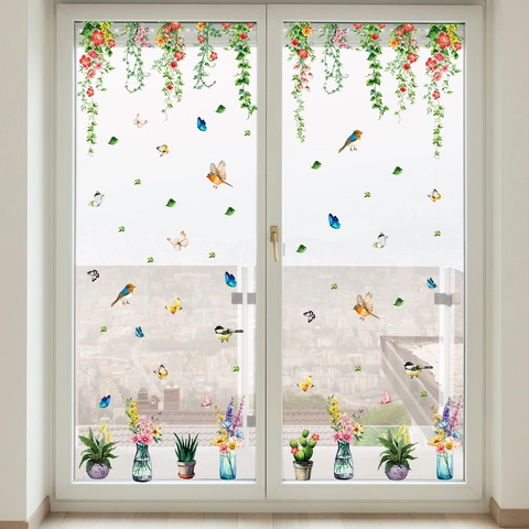 Bloemenrank Raamstickers PVC Waterdicht Statisch Decoratieve Vogel Vlinder Planten Decals Voor Glas Home Decor