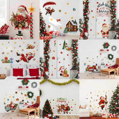 Creativo Natale Babbo Natale Renna Adesivi Murali PVC Autoadesivi Festa Decorazione Casa Fai da Te Adesivi per Finestre Porte
