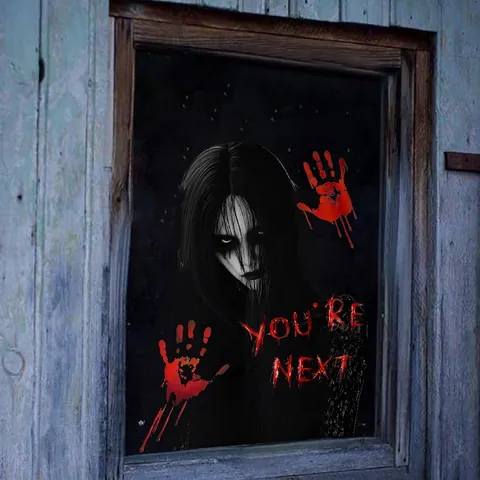 Halloween Window Clings Scary Ghost Girl Blood Handprints Static Cling Stickers Double Sided Horror Party Decor PVC