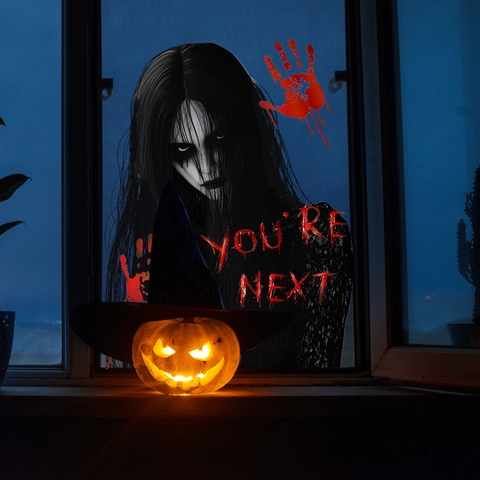 Halloween Window Clings Scary Ghost Girl Blood Handprints Static Cling Stickers Double Sided Horror Party Decor PVC