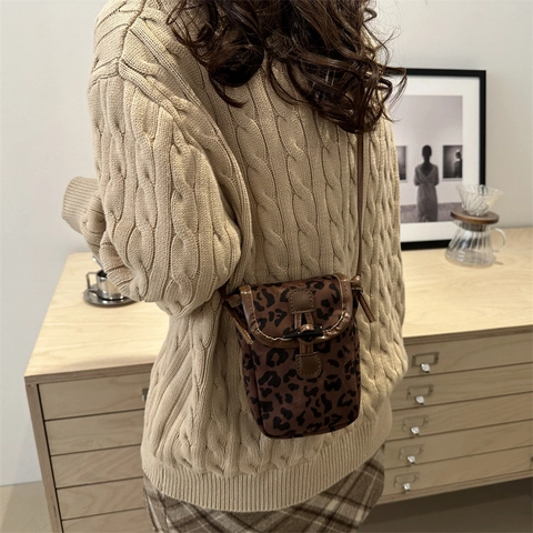 Bolso Bandolera Vintage Con Estampado De Leopardo Para Mujer Cuir PU Mini Bolso De Cubo Bolso Para Móvil Con Cierre De Palanca