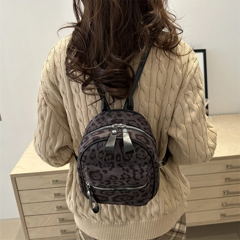 Damen Mode Leopardenmuster Mini Rucksack PU Leder Vintage Eimer Umhängetasche Vielseitige Reißverschluss Handtasche Für Schule Reise
