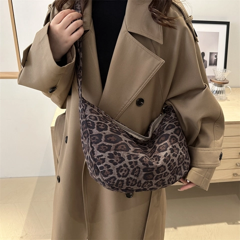 Leopard Print Hobo Tasche Große Kapazität Stoff Halbmond Schultertasche Retro Breiter Gurt Mode Lässig Für Damen