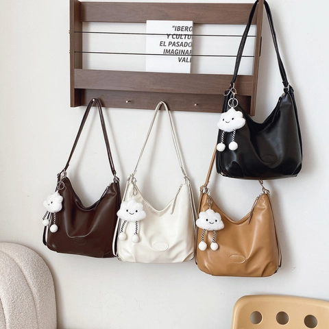 Women Large Capacity PU Leather Hobo Bag Retro Solid Color Shoulder Tote Bag Trendy Underarm Bag With Cloud Pendant