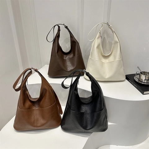 Dames Grote Capaciteit PU Leer Schoudertas Retro Minimalistisch Stiksels Grote Hobo Draagtas Voor Dagelijks Woon-werkverkeer Reizen