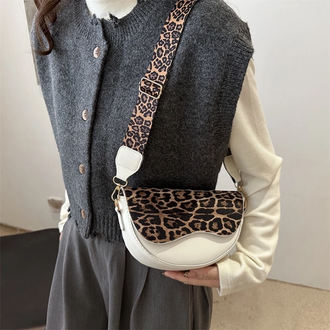 Luipaardprint Patchwork Satteltasche Große Kapazität Breiter Schultergurt Schultertasche PU Leder Retro Casual Umhängetasche Damen