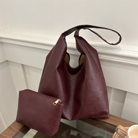 Bolso de Hombro Hobo de Cuero PU de Gran Capacidad Retro para Mujer Con Bolsa Interior Color Sólido Bolso Tote Casual Simple