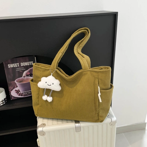 Borsa Tote in Velluto a Coste da Donna Grande Capacità Borsa a Spalla Casual Con Ciondolo Peluche Nuvola Borsa da Scuola