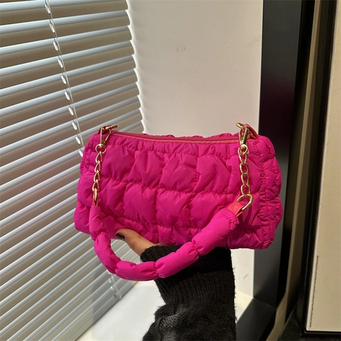Women Quilted Cloud Puffy Shoulder Bag Korean Style Grid Underarm Bag With Golden Chain Fashion Padded Cotton Tote Handbag