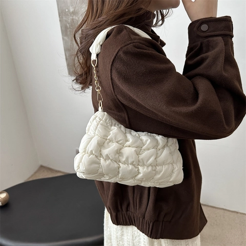 Women Quilted Puffer Underarm Bag Bubble Texture Cloud Shoulder Bag Gold Chain Strap PU Leather Fashion