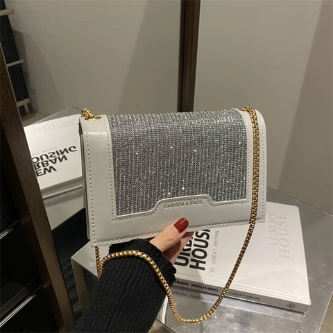 Women Glitter Sequin Crossbody Bag PU Leather Flap Small Square Shoulder Bag With Golden Metal Chain Strap Chic Party
