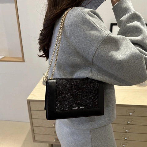 Women Glitter Sequin Crossbody Bag PU Leather Flap Small Square Shoulder Bag With Golden Metal Chain Strap Chic Party