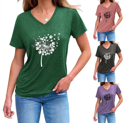 Women's Casual Lucky Dandelion Four-Leaf Clover Print V-Neck Short Sleeve T-Shirt Cotton Blend Summer Top Tee With Side Knot