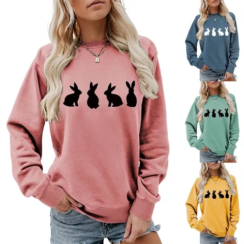 Women Sweatshirt Round Neck Long Sleeve Casual Rabbit Graphic Print Loose Fit Cotton Blend Pullover Top
