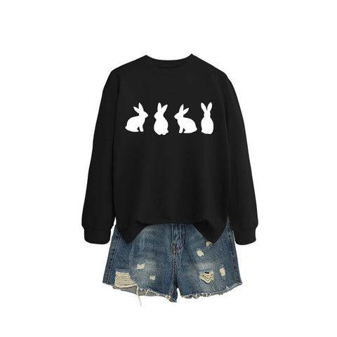 Women Sweatshirt Round Neck Long Sleeve Casual Rabbit Graphic Print Loose Fit Cotton Blend Pullover Top