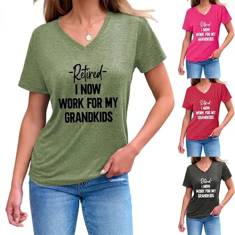 Maglietta da Donna Casual Scollo a V Manica Corta in Misto Cotone Con Stampa Retired I Now Work For My Grandkids Top Estivo
