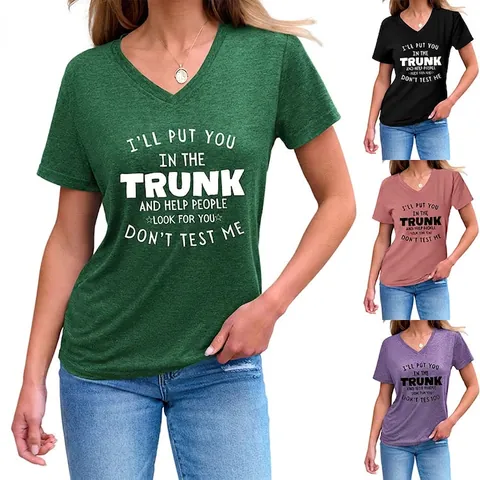 Maglietta Da Donna Con Scollo A V Misto Cotone Stampa Lettere Slogan Manica Corta Top Estivo Casual Vestibilità Comoda Grafica