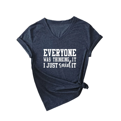 T-Shirt Da Donna Con Scollo A V Manica Corta In Misto Cotone Casual Ampia Con Slogan Grafico