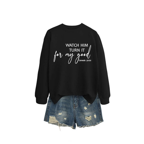 Damen Sweatshirt Und Denim Shorts Langarm Pullover Mit Distressed Shorts Inspirierendem Buchstabendruck Lässig