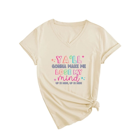 Dames V-hals Korte Mouw T-Shirt Katoenmix Slogan Print Losse Pasvorm Casual Zomer Top Knoop Zoom Mode Shirt Voor Dames