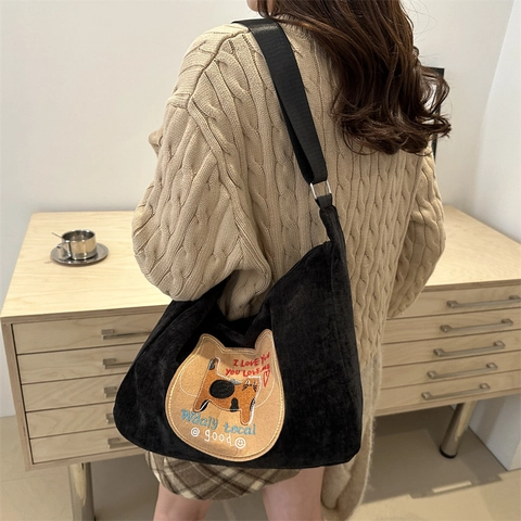 Borsa a Tracolla da Donna in Velluto a Coste di Grande Capacità con Toppa Ricamata a Gatto del Fumetto Borsa Hobo in Stile Ins Coreano
