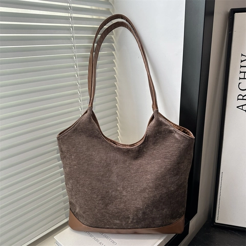 Borsa Tote Vintage in Velluto a Coste e Pelle PU di Grande Capacità per Donna Borsa a Tracolla Casual Retrò Minimalista