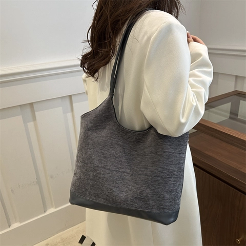 Borsa Tote Vintage in Velluto a Coste e Pelle PU di Grande Capacità per Donna Borsa a Tracolla Casual Retrò Minimalista