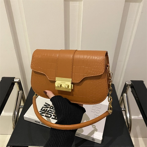 Sac Bandoulière Femme Motif Crocodile Cuir PU Petit Sac Carré Main Épaule Serrure Chaîne Or Vintage Mode