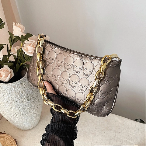 Vintage Skull Embossed Crossbody Underarm Bag Punk Gothic PU Leather Metal Chain Strap Small Square Handbag Women