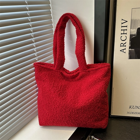Bolso de Mano de Felpa de Invierno para Mujer Gran Capacidad de Lana de Cordero Bolso de Hombro de Color Sólido a la Moda para el Día a Día